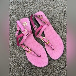 Women's Size 9.5 Tory Burch Trent Fuchsia Pink Gold Croc Leather Thong Sandals